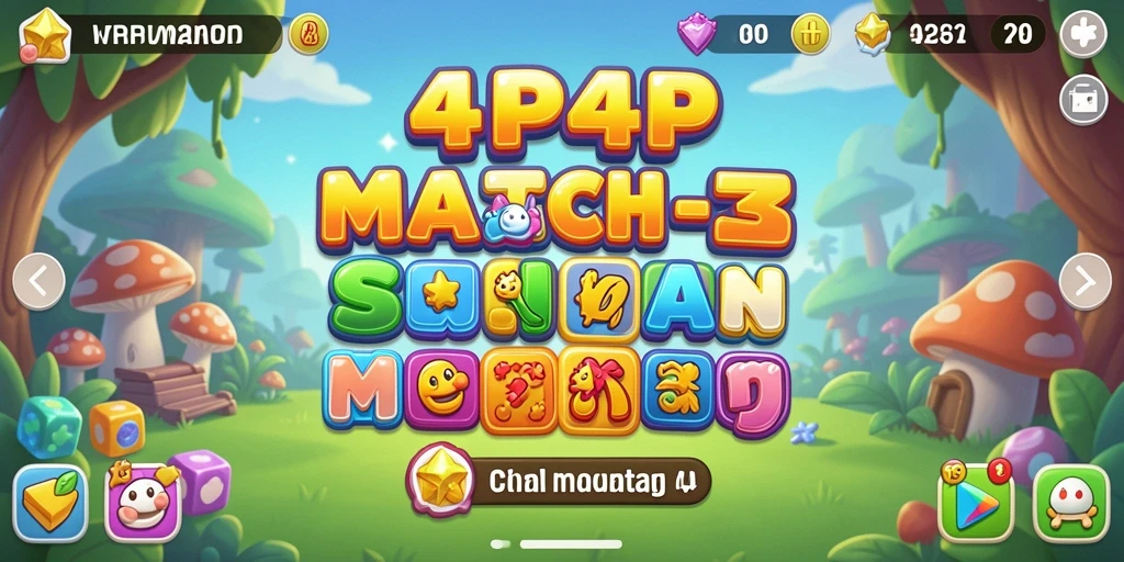 Tangkapan layar utama menunjukkan gameplay seru 4P4P dalam kategori Match-3.