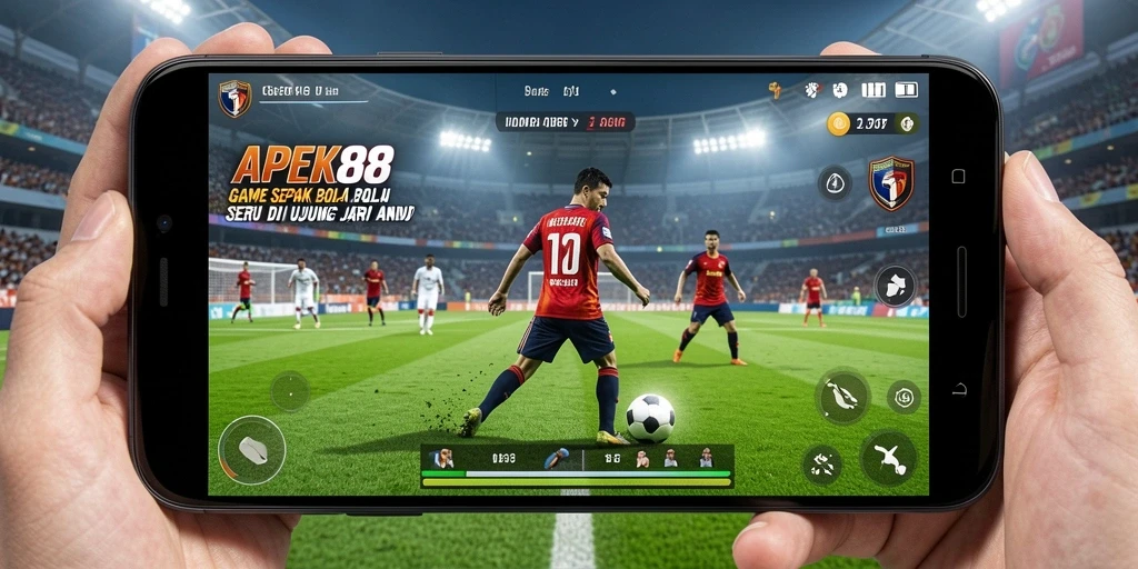 Screenshot gameplay APEK88 menunjukkan aksi seru pertandingan sepak bola.