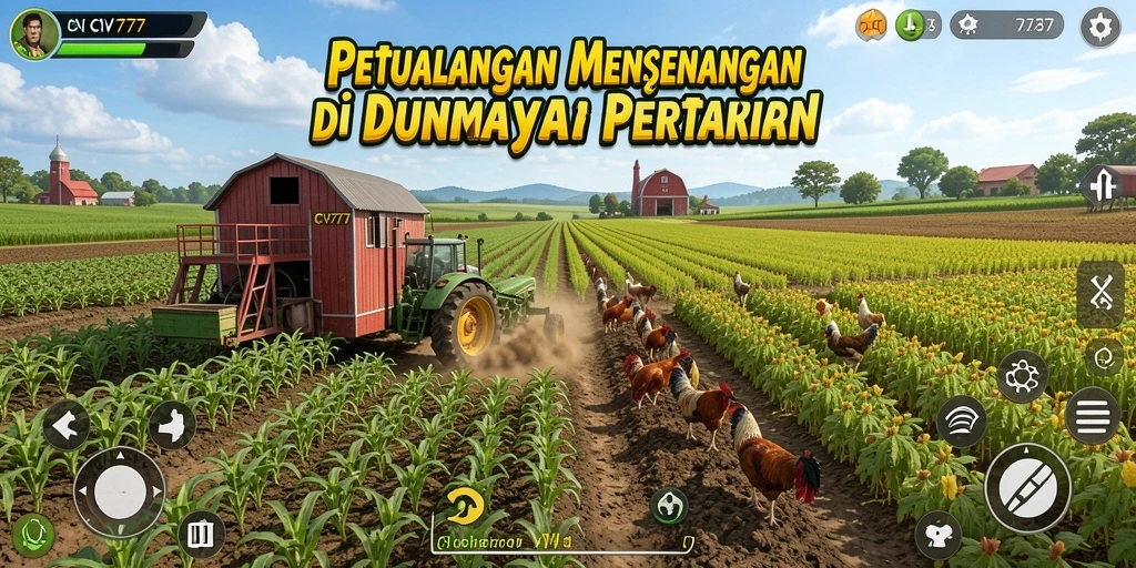 Tampilan gameplay CV777 menampilkan ladang hijau yang rimbun dan hewan peliharaan.