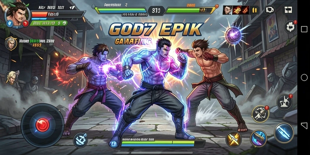 Screenshot menampilkan karakter bertarung dalam pertarungan epik di GOD77.