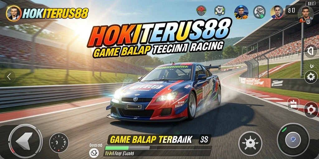 Tampilan gameplay HOKITERUS88 dengan mobil balap yang melaju cepat di lintasan.