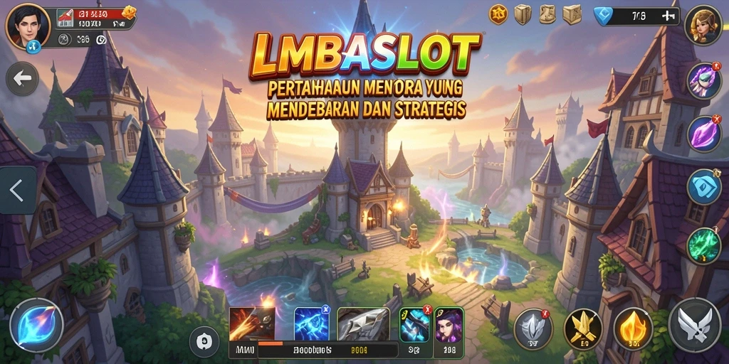Screenshot gameplay LMBASLOT menampilkan pertahanan menara yang strategis.