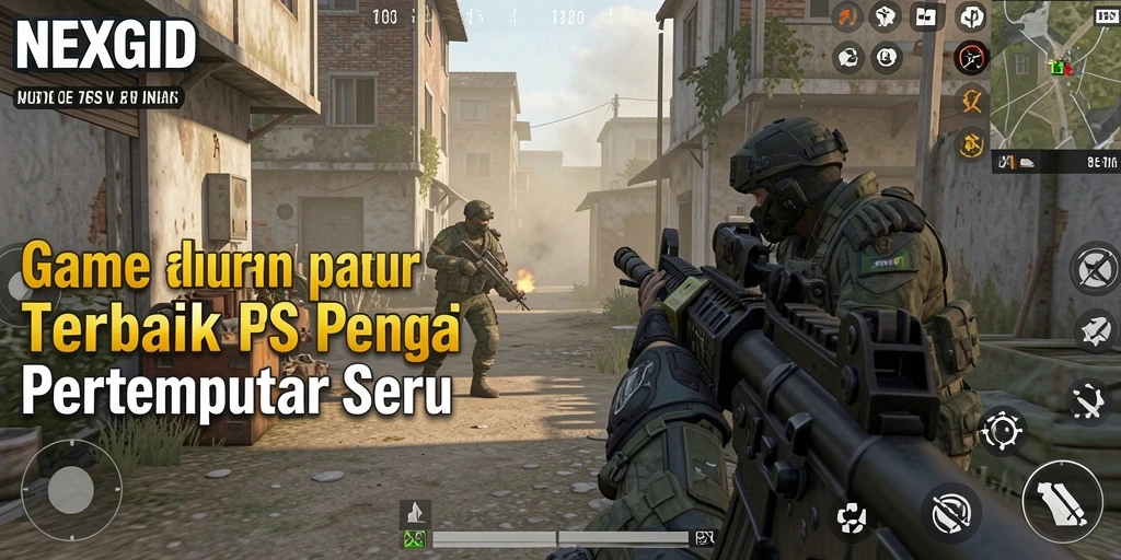 Tangkapan layar utama NEXGID menampilkan aksi pertempuran FPS yang intens.