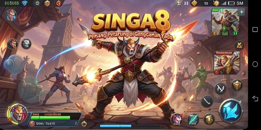 Gameplay seru dalam arena pertarungan SINGA8 dengan berbagai karakter.