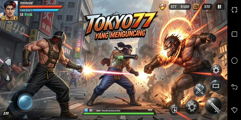 Tampilkan aksi pertarungan intens dalam TOKYO77 dengan karakter yang beragam.